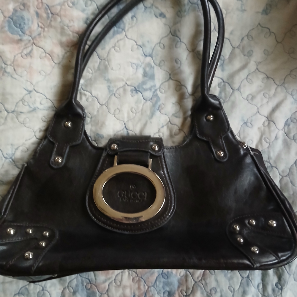 Gucci Dark Brown Leather Shoulder Bag with Silver Accents